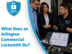 Arlington commercial locksmith inspecting entrance locks and office cylinders for a local business