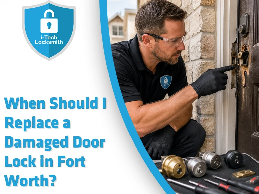 I-Tech Locksmith - Fort Worth technician inspecting a damaged door lock before replacement in Fort Worth