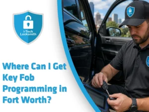 Key fob programming in Fort Worth by a mobile automotive locksmith using professional equipment beside a customer vehicle