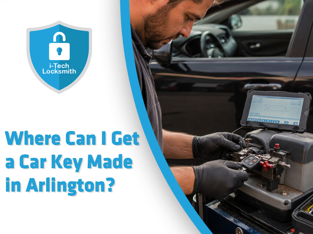 Car key made in Arlington by a mobile locksmith programming a replacement key beside the customer’s vehicle