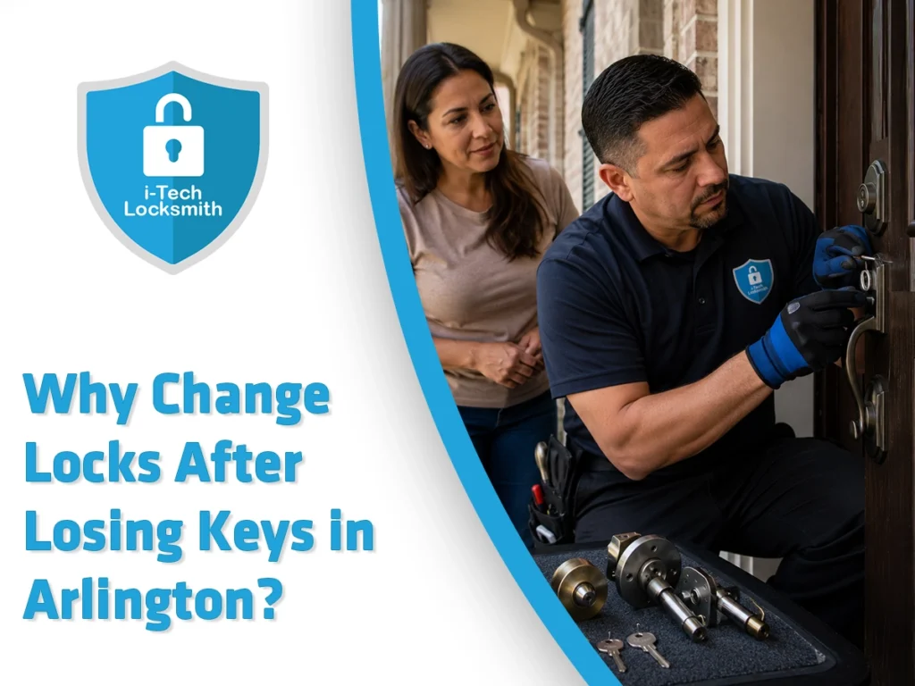 Locksmith changing a door lock after losing keys in Arlington