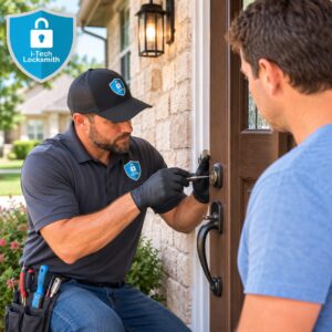 Fort Worth homeowners rekey locks after moving with an I Tech Locksmith technician inspecting an outdated front door lock