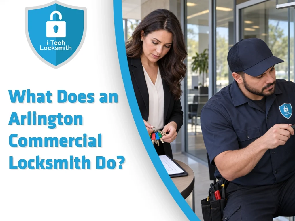 Banner showing a locksmith in a navy uniform with tools, a woman handling keys, beside the headline 'What Does an Arlington Commercial Locksmith Do?'