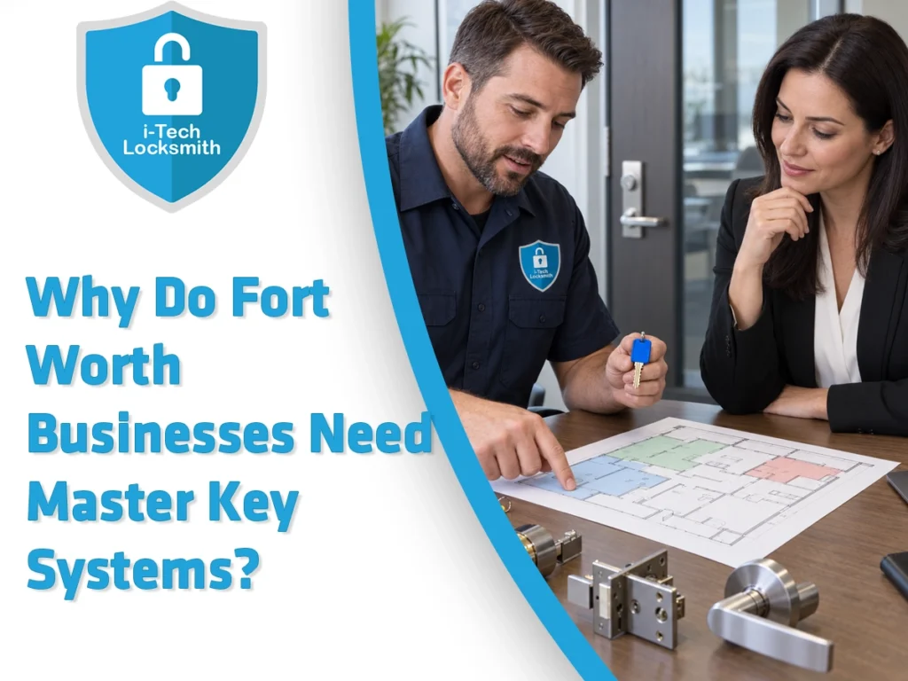 Locksmith (i-Tech Locksmith) and client review a security schematic with door hardware on a table, logo visible on sleeve.