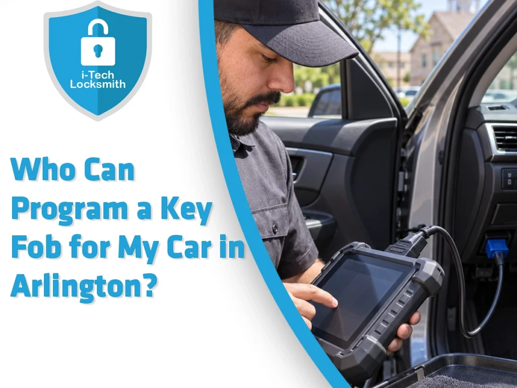 Automotive locksmith prepares to program a key fob for an Arlington driver