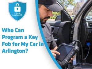Automotive locksmith prepares to program a key fob for an Arlington driver