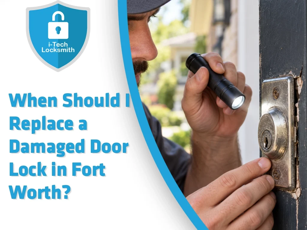 Locksmith checks when to replace a damaged door lock at a Fort Worth property